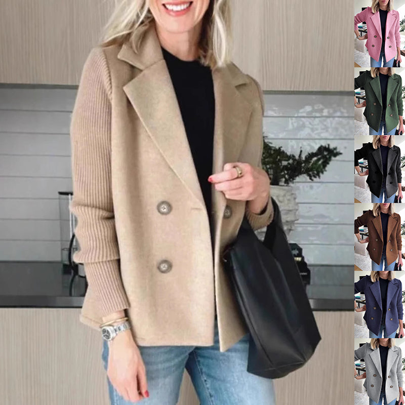 Women's Double-Breasted Lapel Coat – Knit Sleeve Splicing Design Jacket