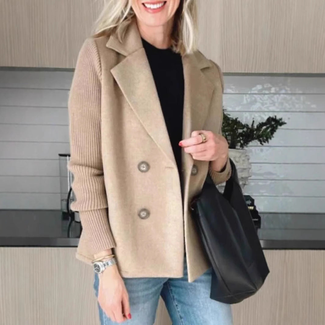 Women's Double-Breasted Lapel Coat – Knit Sleeve Splicing Design Jacket