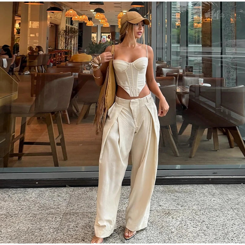 Women's Print Vest and Pleated Pants Set Lace Up
