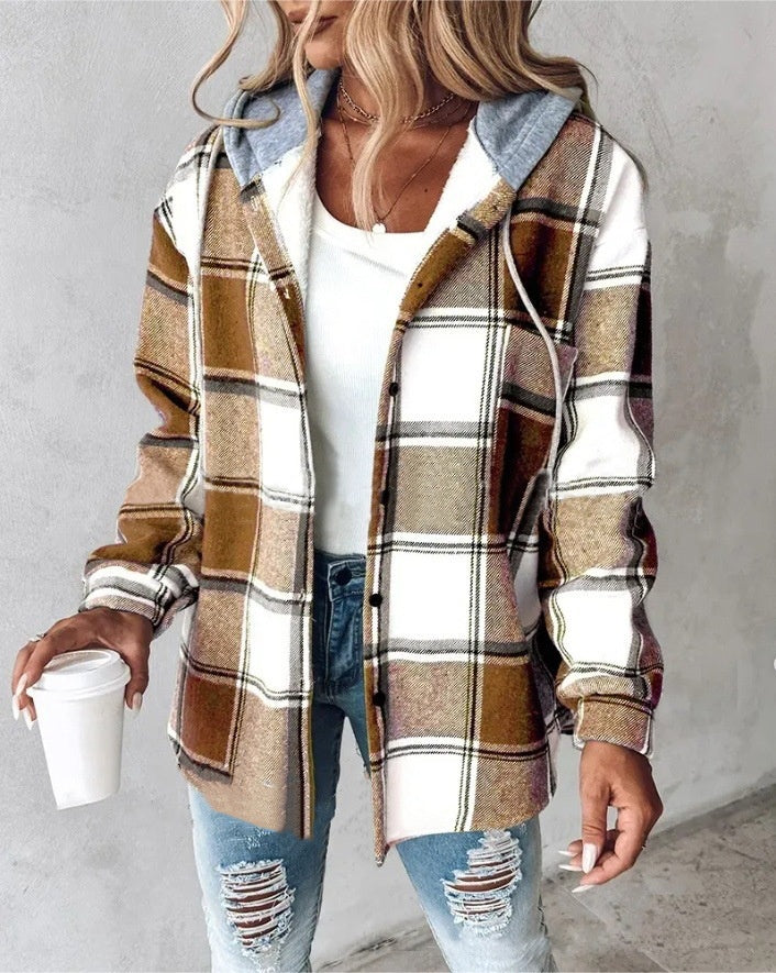 Women's Plaid Hooded Jacket – Button-Up Coat with Pockets