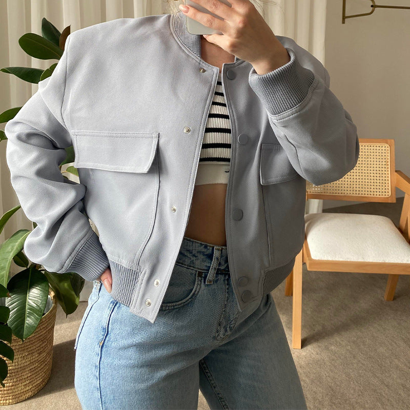 Women's Stand-Collar Button Jacket – Loose Short Coat with Big Pockets