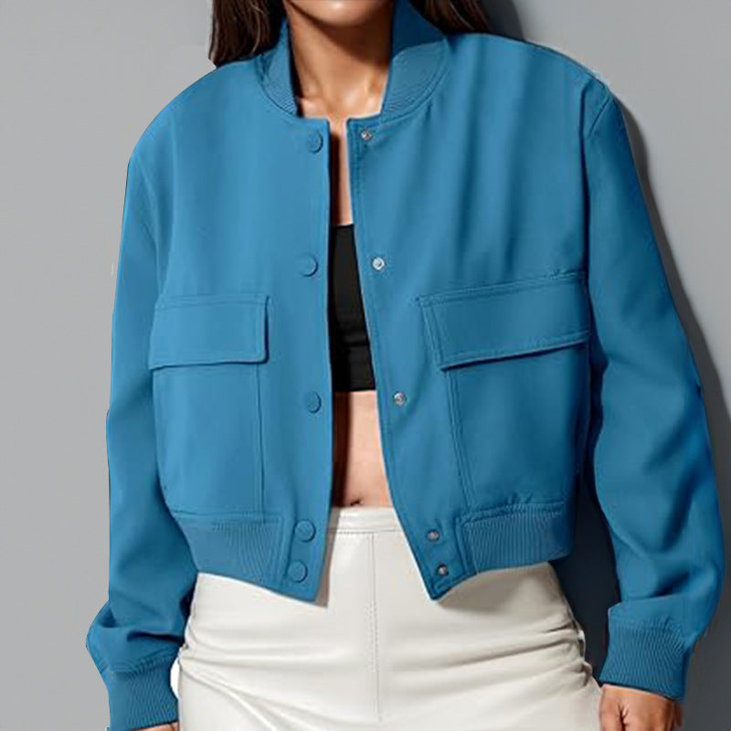Women's Stand-Collar Button Jacket – Loose Short Coat with Big Pockets