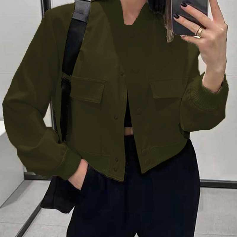 Women's Stand-Collar Button Jacket – Loose Short Coat with Big Pockets