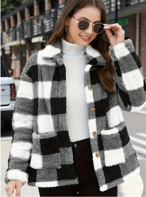 Women's Color-Block Plaid Jacket – Lapel Single-Breasted Coat with Pockets
