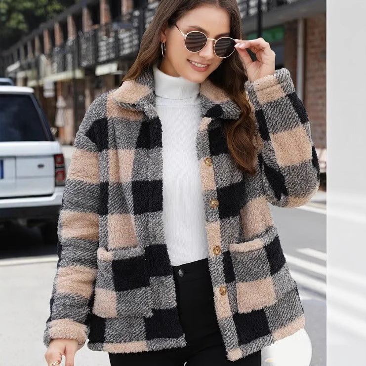 Women's Color-Block Plaid Jacket – Lapel Single-Breasted Coat with Pockets