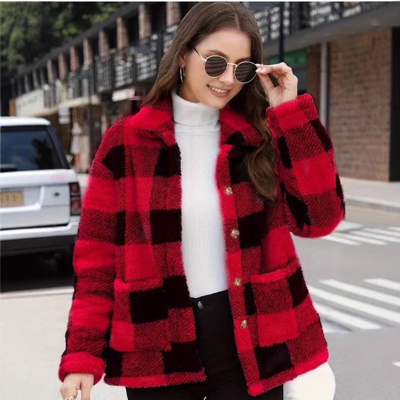 Women's Color-Block Plaid Jacket – Lapel Single-Breasted Coat with Pockets