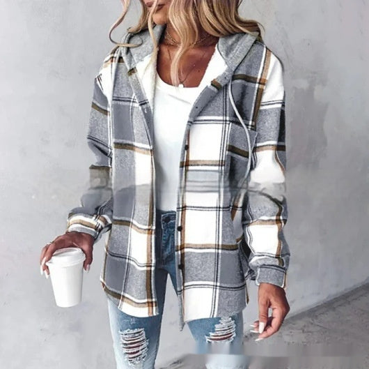 Women's Plaid Hooded Jacket – Button-Up Coat with Pockets