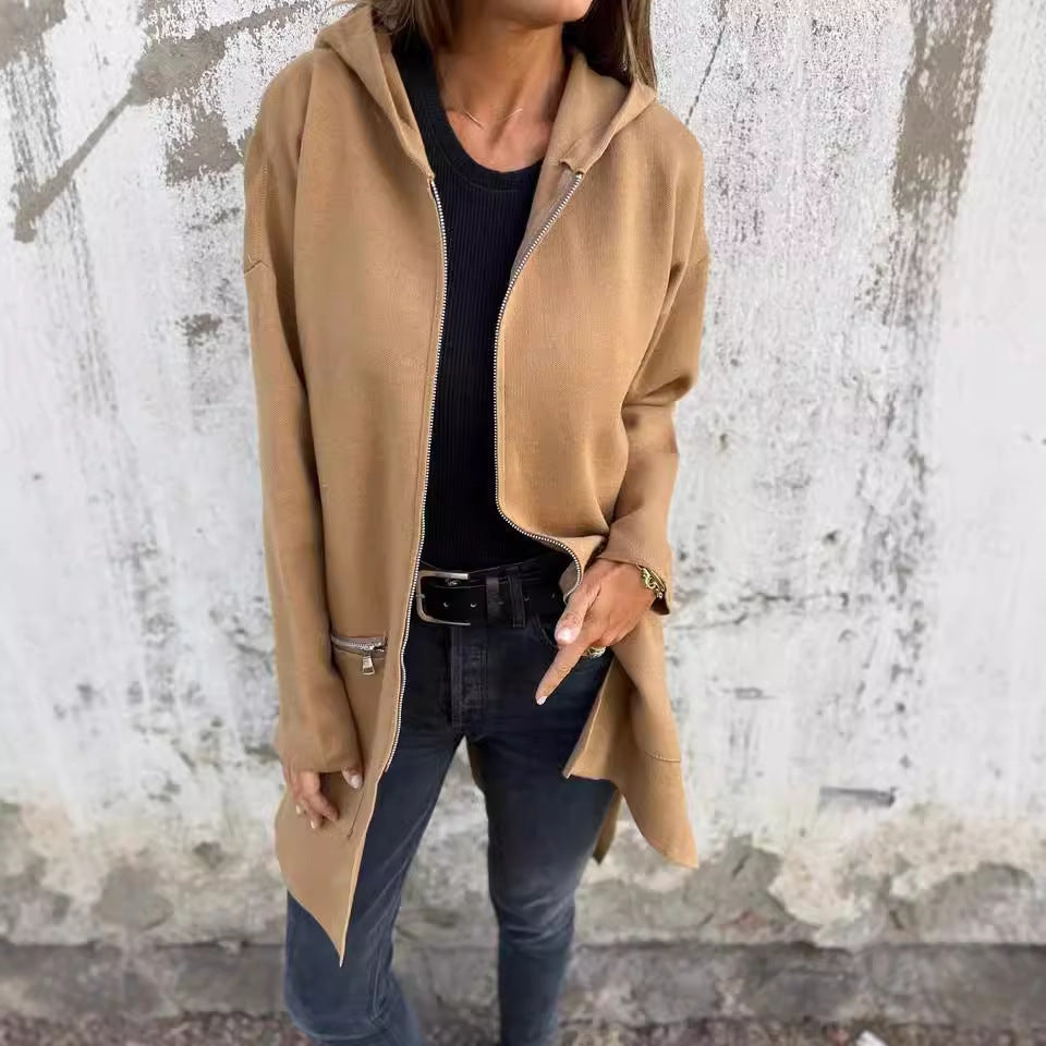 Women's Zip-Up Hooded Cardigan Coat – Solid Color Pocket Jacket