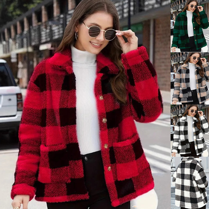 Women's Color-Block Plaid Jacket – Lapel Single-Breasted Coat with Pockets