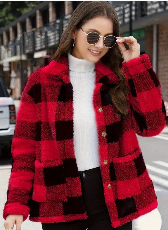 Women's Color-Block Plaid Jacket – Lapel Single-Breasted Coat with Pockets