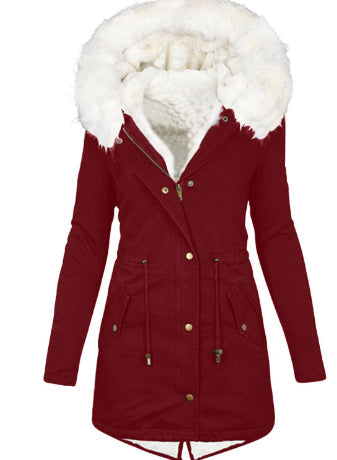 Women's Padded Jacket – White Collar, Warm Polyester Puffer Coat