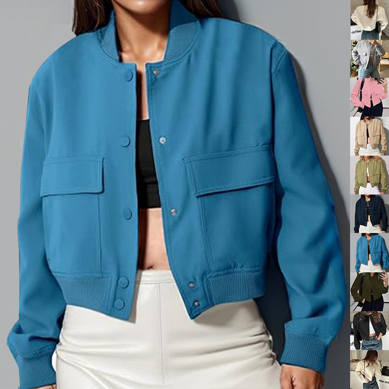Women's Stand-Collar Button Jacket – Loose Short Coat with Big Pockets