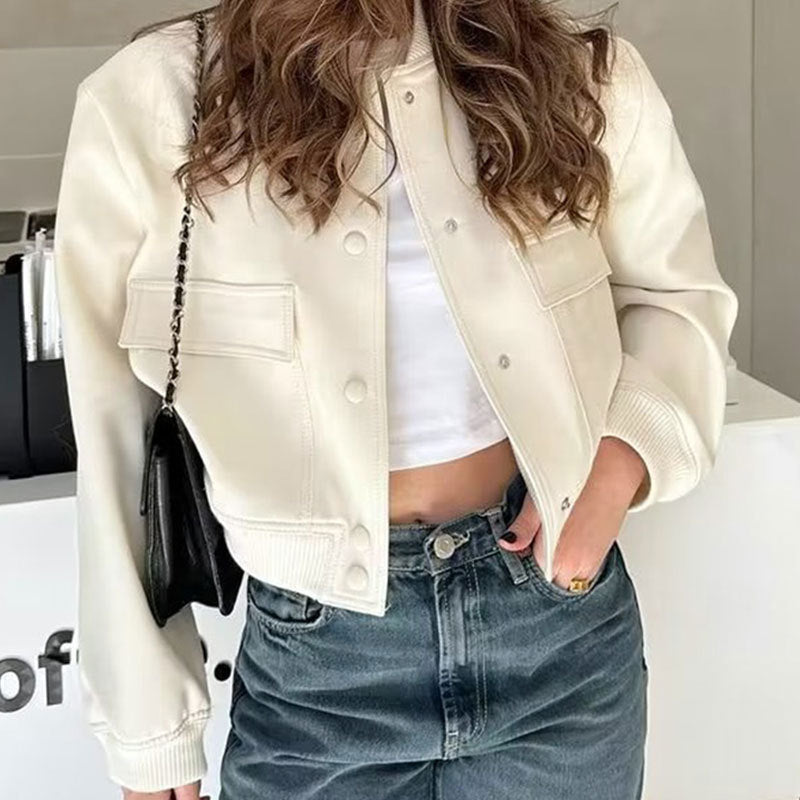 Women's Stand-Collar Button Jacket – Loose Short Coat with Big Pockets