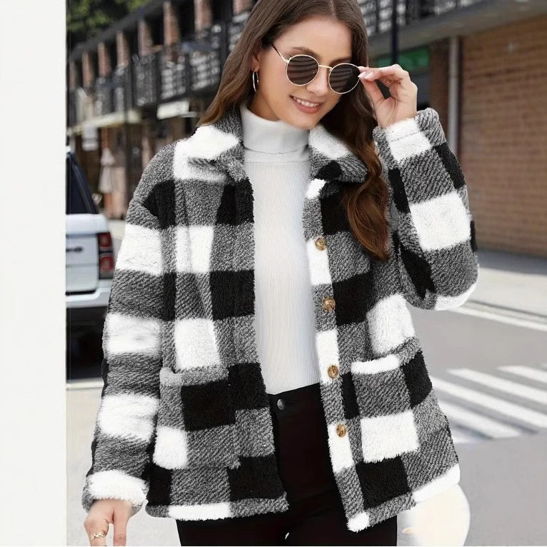 Women's Color-Block Plaid Jacket – Lapel Single-Breasted Coat with Pockets