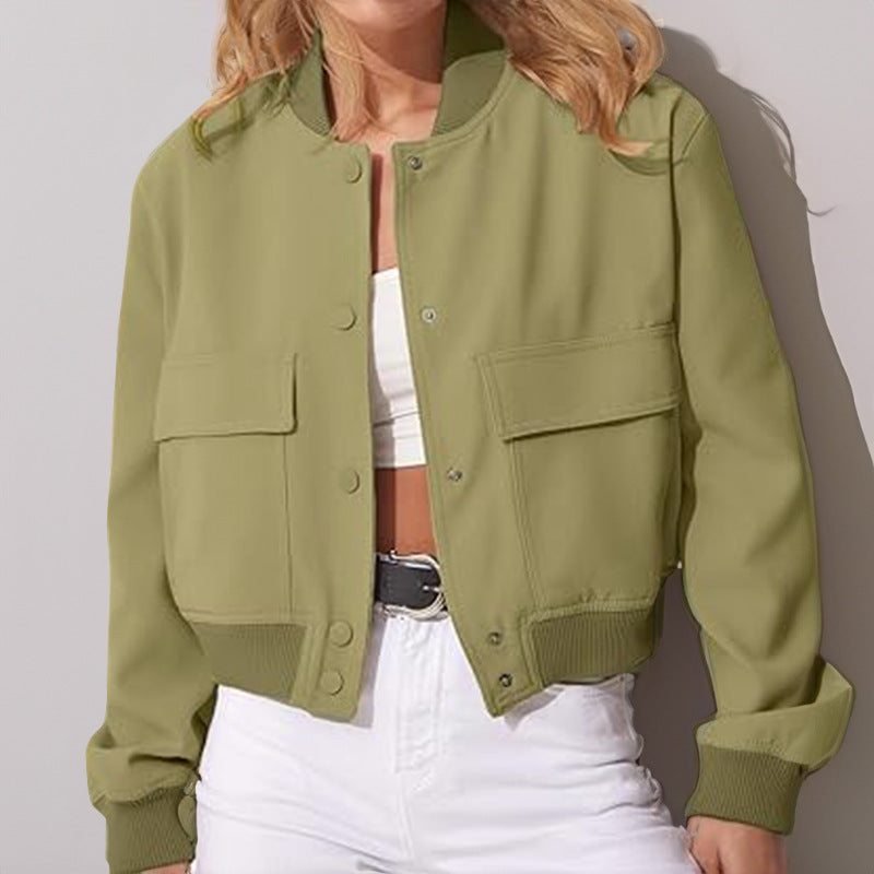 Women's Stand-Collar Button Jacket – Loose Short Coat with Big Pockets