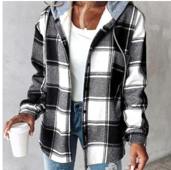 Women's Plaid Hooded Jacket – Button-Up Coat with Pockets