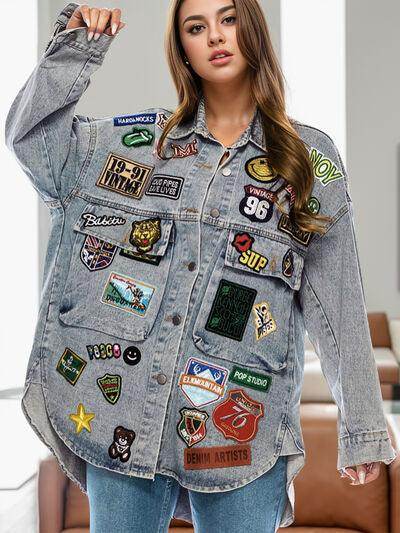 Embroidered Patch Button Up Long Sleeve Denim Jacket for Women
