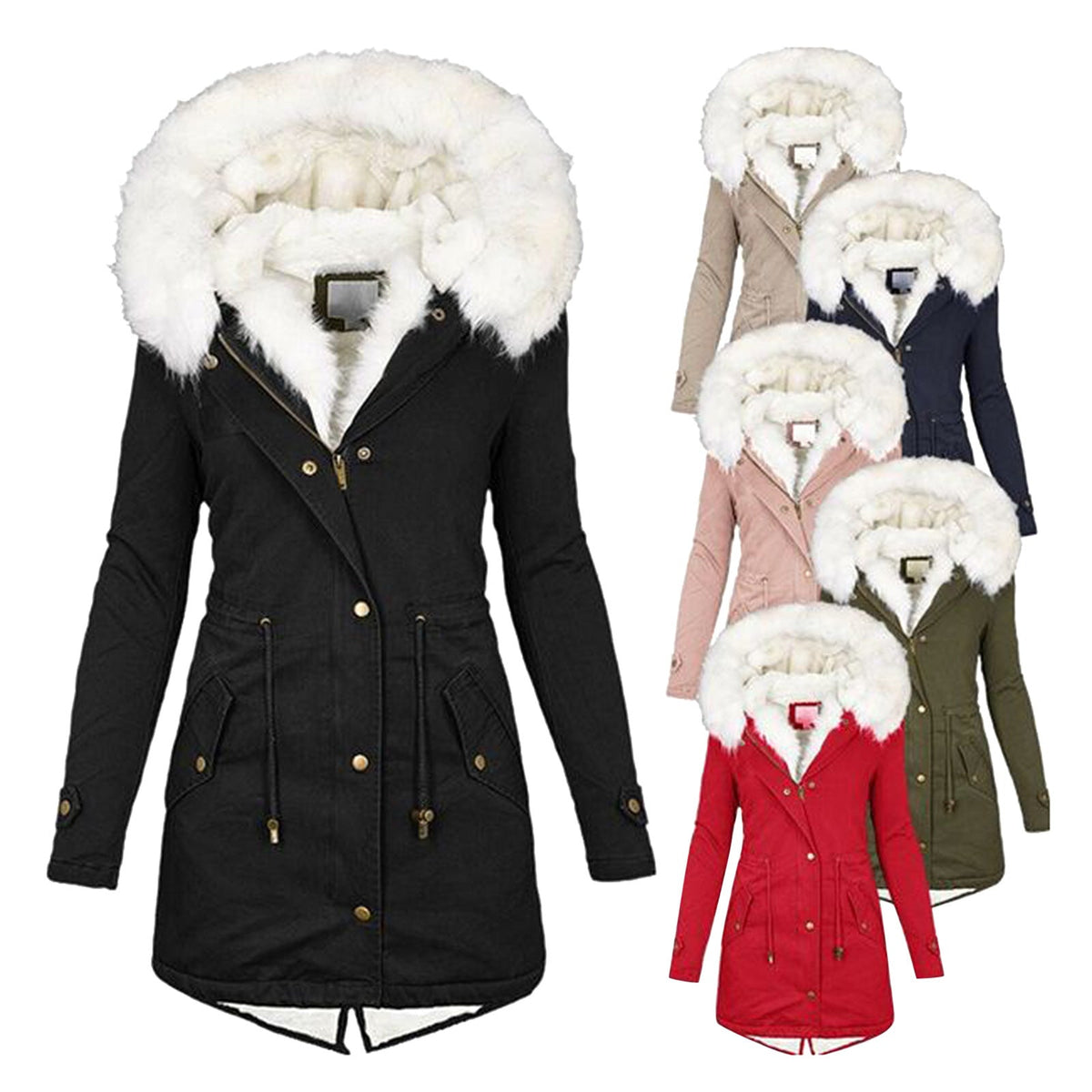 Women's Padded Jacket – White Collar, Warm Polyester Puffer Coat