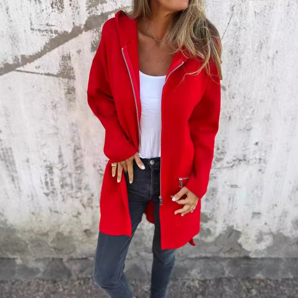 Women's Zip-Up Hooded Cardigan Coat – Solid Color Pocket Jacket