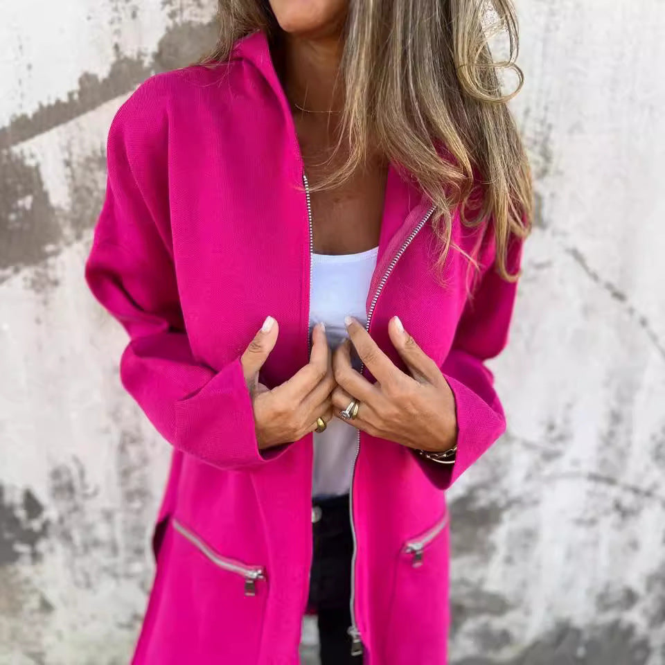 Women's Zip-Up Hooded Cardigan Coat – Solid Color Pocket Jacket