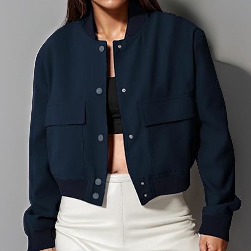 Women's Stand-Collar Button Jacket – Loose Short Coat with Big Pockets