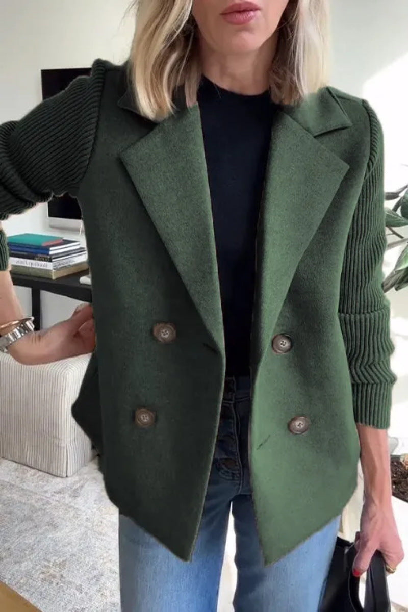 Women's Double-Breasted Lapel Coat – Knit Sleeve Splicing Design Jacket
