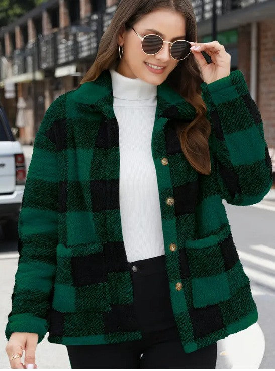 Women's Color-Block Plaid Jacket – Lapel Single-Breasted Coat with Pockets