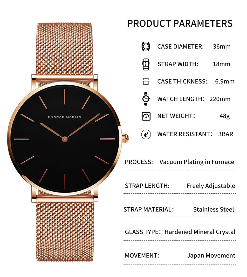 HANNAH MARTIN Watches for Women Analog Women's Watch with Stainless Steel Expansion Band Minimalist Slim Dial 30M Waterproof Ladies Dress Wristwatch for Casual Daily Business