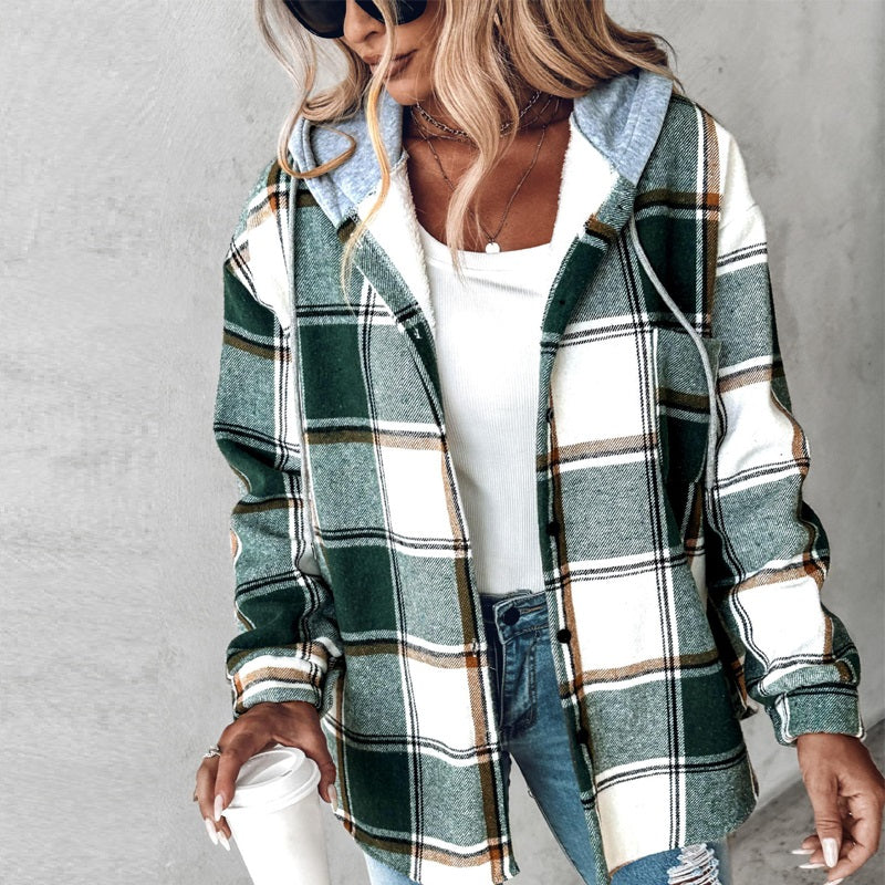 Women's Plaid Hooded Jacket – Button-Up Coat with Pockets