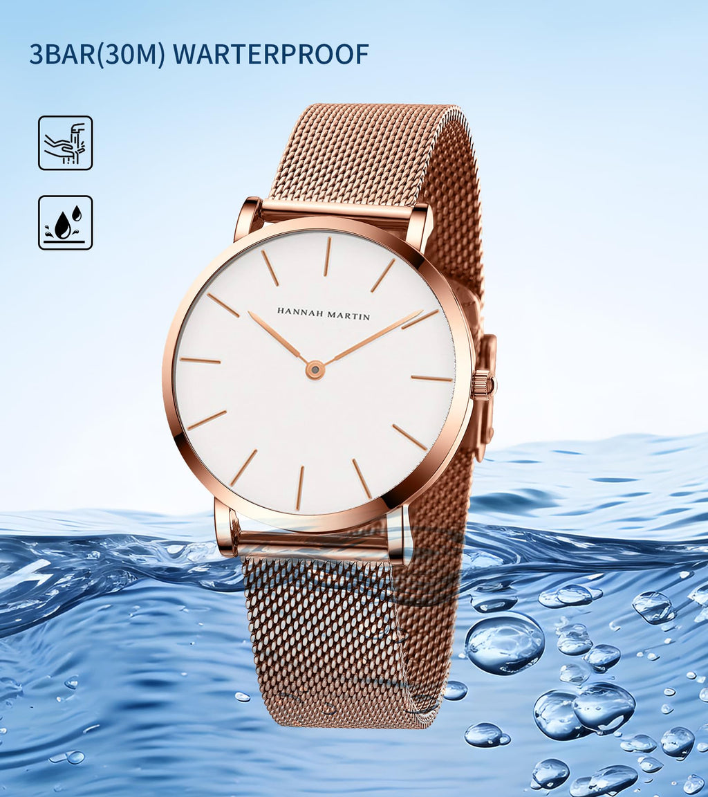 HANNAH MARTIN Watches for Women Analog Women's Watch with Stainless Steel Expansion Band Minimalist Slim Dial 30M Waterproof Ladies Dress Wristwatch for Casual Daily Business