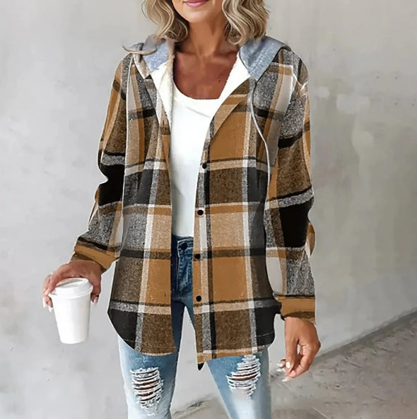 Women's Plaid Hooded Jacket – Button-Up Coat with Pockets