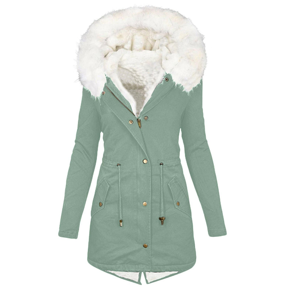 Women's Padded Jacket – White Collar, Warm Polyester Puffer Coat