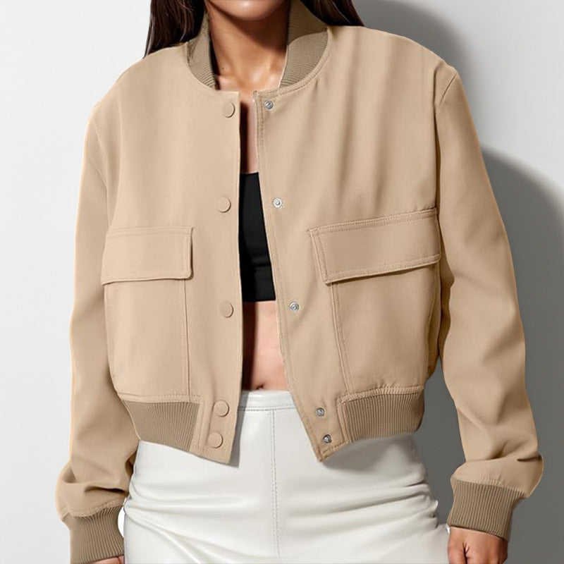 Women's Stand-Collar Button Jacket – Loose Short Coat with Big Pockets