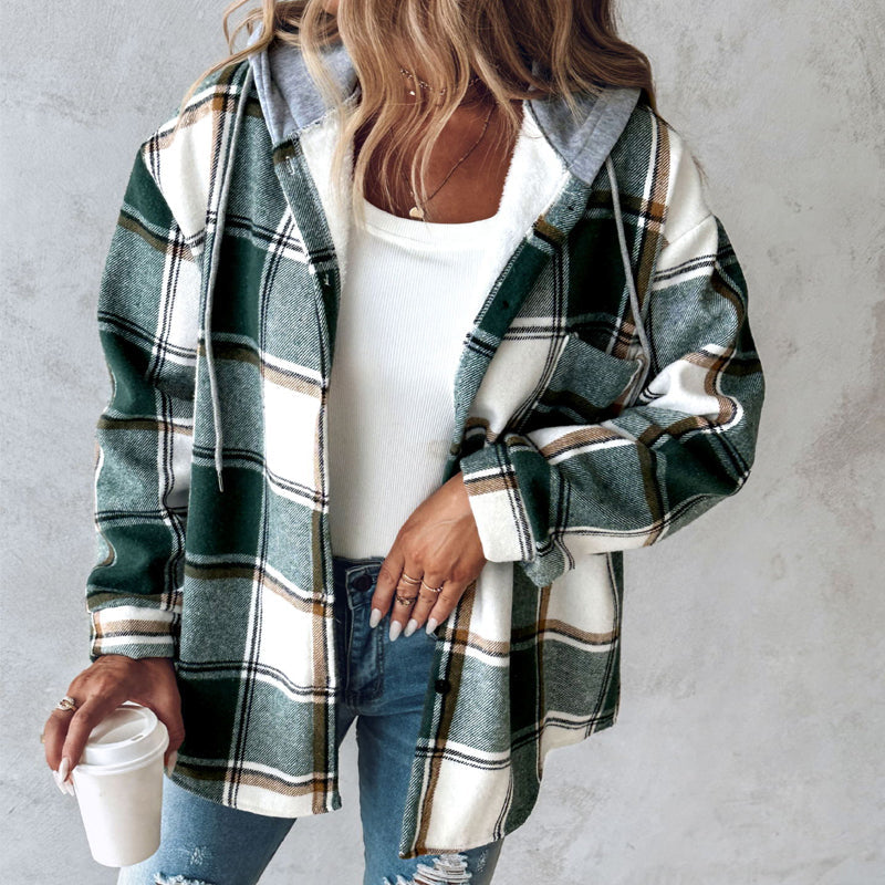 Women's Plaid Hooded Jacket – Button-Up Coat with Pockets