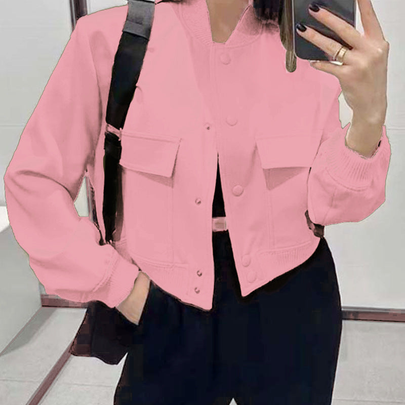 Women's Stand-Collar Button Jacket – Loose Short Coat with Big Pockets
