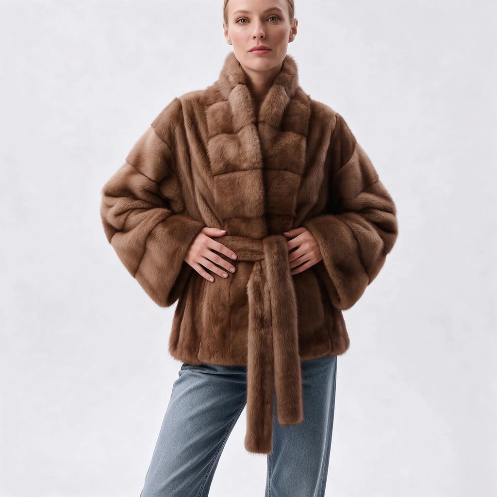 IG 2026 Women Stand Collar Belted Waist Faux Mink Fur Jacket Loose Long Sleeve Luxury Elegant Winter Party Daily Outer Coat