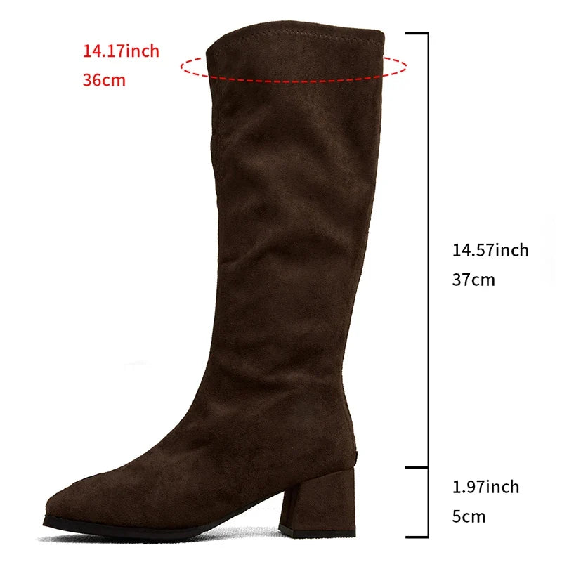 Women's Black Flock Knee High Boots with Thick Heels