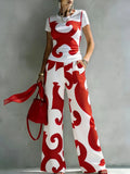 Women's Boho Two-Piece Set Red White Abstract Swirl Print Top Wide Leg Pants Elegant Casual Vacation Trousers Outfit for Summer