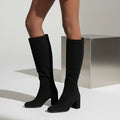 Women's Black Flock Knee High Boots with Thick Heels
