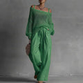 Off Shoulder Hollow Knit Womens 2 Piece Set Long Sleeve High Waist Wide Leg Pants Outfit Casual Loose Summer Beach Vacation Suit