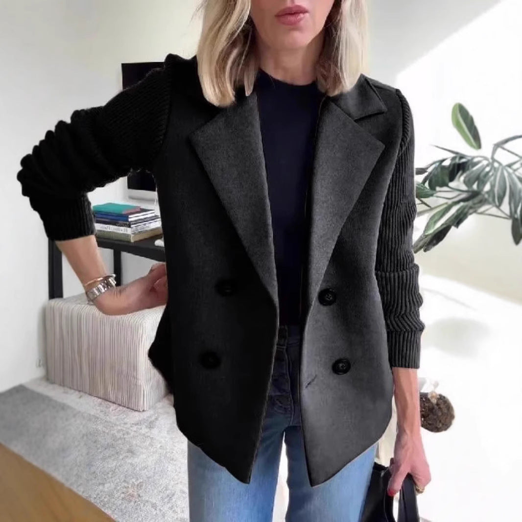 Women's Double-Breasted Lapel Coat – Knit Sleeve Splicing Design Jacket