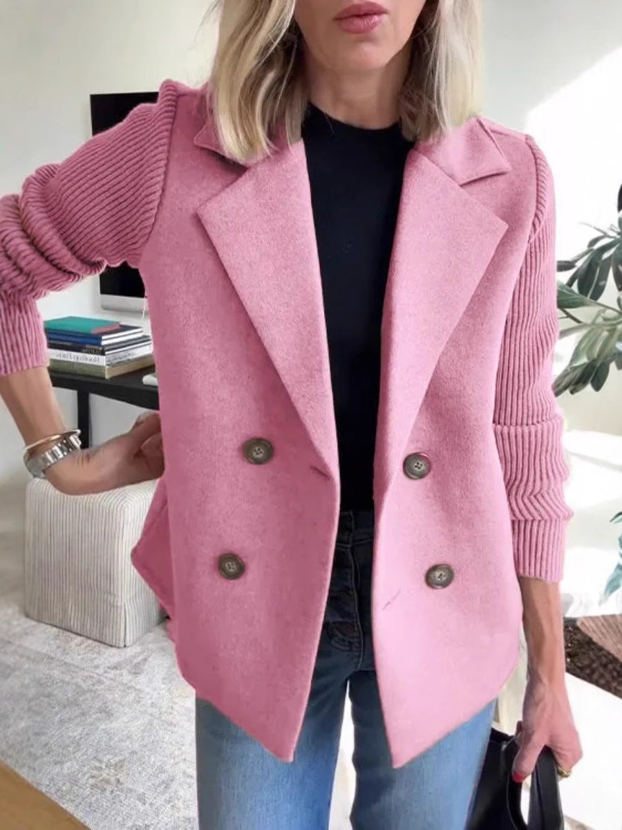 Women's Double-Breasted Lapel Coat – Knit Sleeve Splicing Design Jacket