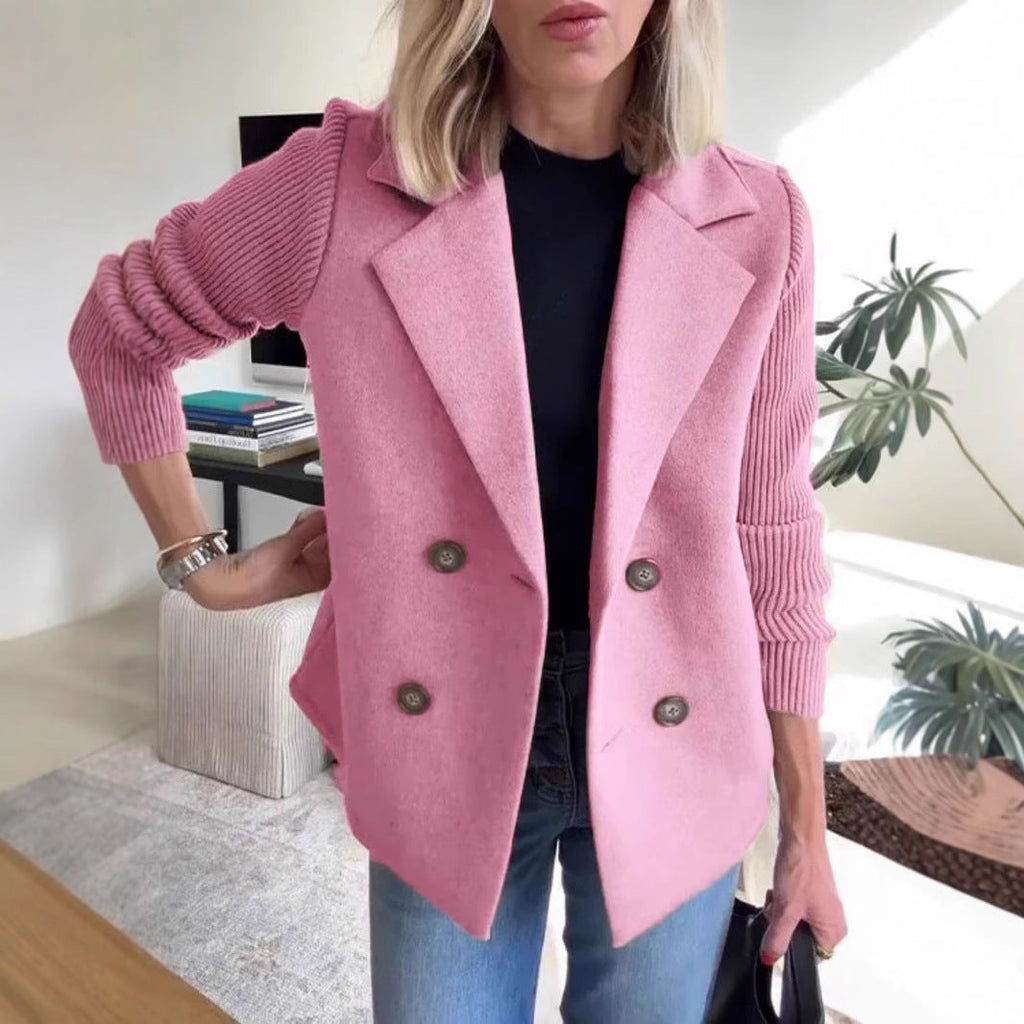 Women's Double-Breasted Lapel Coat – Knit Sleeve Splicing Design Jacket