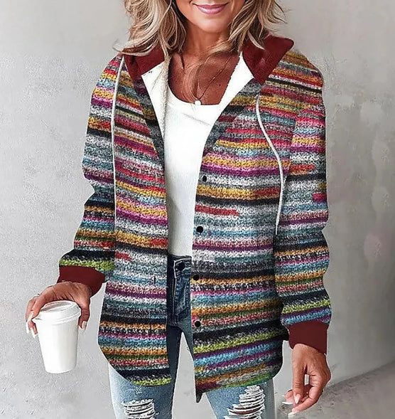 Women's Plaid Hooded Jacket – Button-Up Coat with Pockets