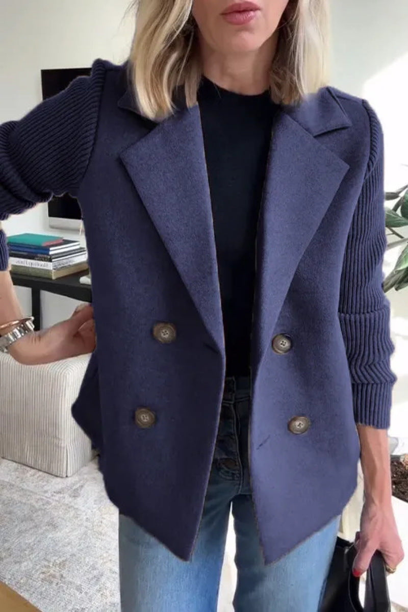 Women's Double-Breasted Lapel Coat – Knit Sleeve Splicing Design Jacket
