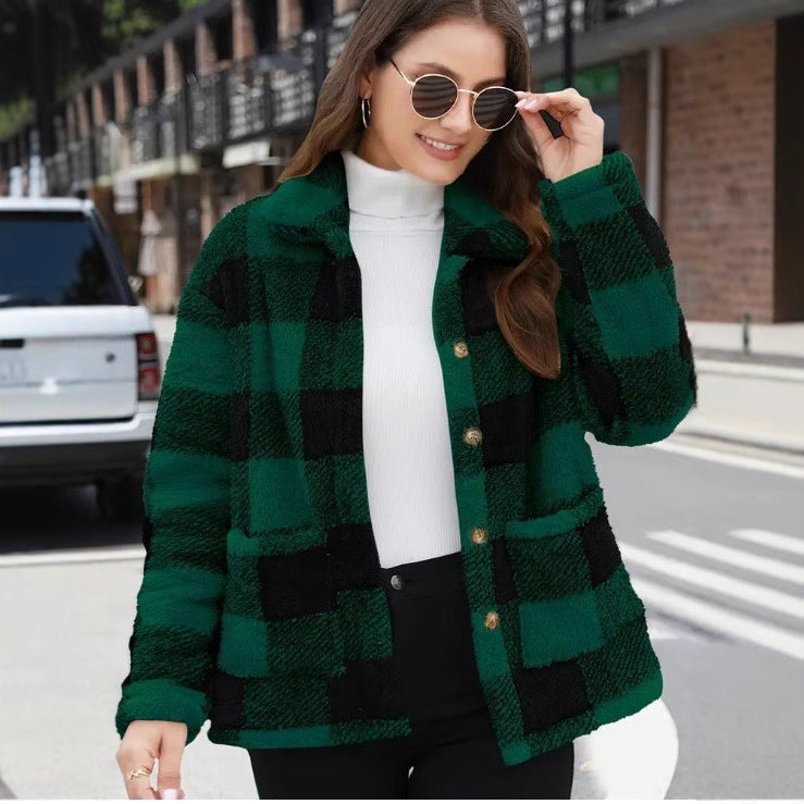 Women's Color-Block Plaid Jacket – Lapel Single-Breasted Coat with Pockets