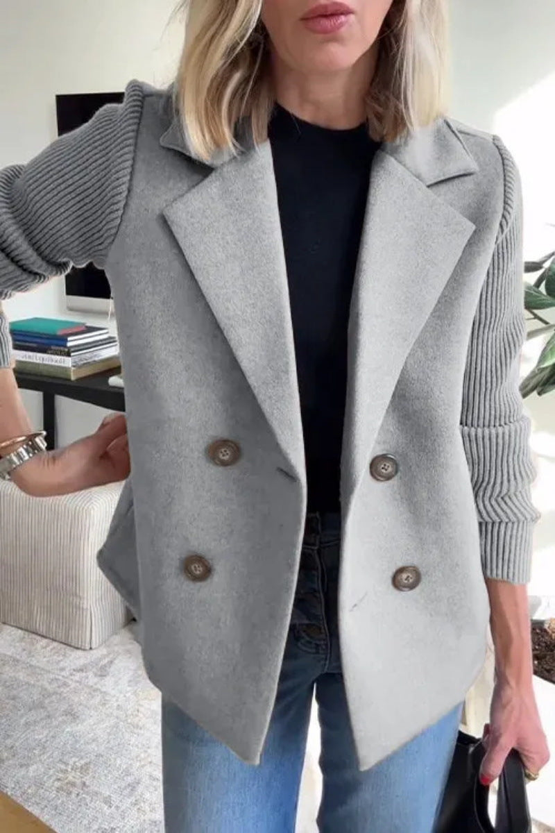 Women's Double-Breasted Lapel Coat – Knit Sleeve Splicing Design Jacket