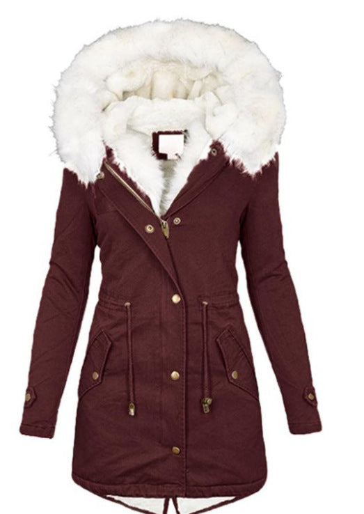 Women's Padded Jacket – White Collar, Warm Polyester Puffer Coat
