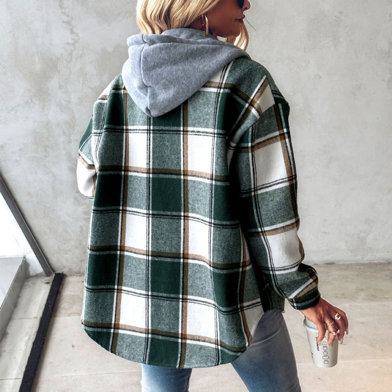 Women's Plaid Hooded Jacket – Button-Up Coat with Pockets