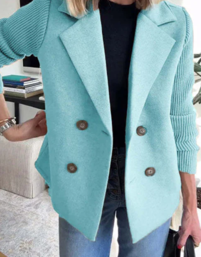 Women's Double-Breasted Lapel Coat – Knit Sleeve Splicing Design Jacket
